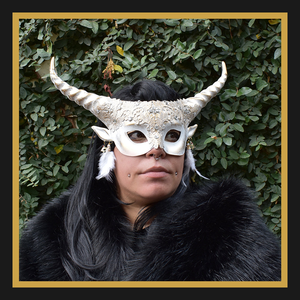 Horned Devil Half-Face Mask in White & Gold
